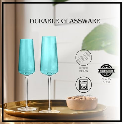 ARTLAND Soho Optic 8.5 oz Champagne Flute, Set of 4 - Modern Contemporary Stemmed Glasses - Ideal for Weddings, Parties, Prosecco, Sparkling Wine, Excellent Gift Idea, Dishwasher Safe (Turquoise) - color: Light Turquoise, style: Champagne Flute (4-Piece)