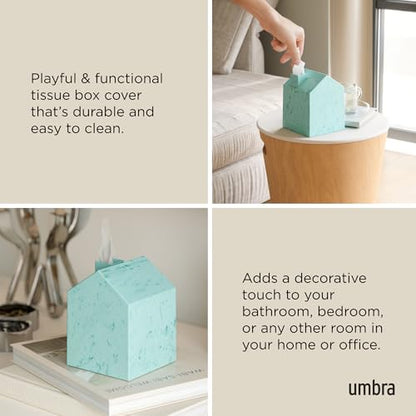 Umbra Casa Tissue Box Cover â€“ Modern House-Shaped Tissue Box Holder for Standard Square Boutique Tissue Boxes, Ocean Materials® Plastic, Bathroom & Home Décor, Ocean Blue | Easy wipe clean, fits standard cube, bathroom and bedroom, low carbon footprint