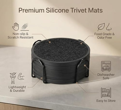 Absorbent Coasters for Drinks with Holder - 6packs, Silicone Coaster with Soft Felt Insert, Black (Coasters with Holder, Black) - color: Black