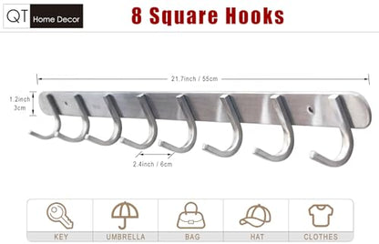 Coat Hook Rack with 8 Square Hooks - Premium Modern Wall Mounted - Ultra durable with solid steel construction, Brushed stainless steel finish, Super easy installation, Rust and water proof - style: 8 Square Hooks