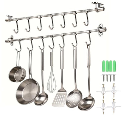 15.7" Kitchen Utensil Rack with 7 Sliding Hooks, 304 Stainless Steel Kitchen Rail with Hooks, Utensil Hanging Rack Wall Mounted, Pots and Pans Hanging Rack 2 Packs