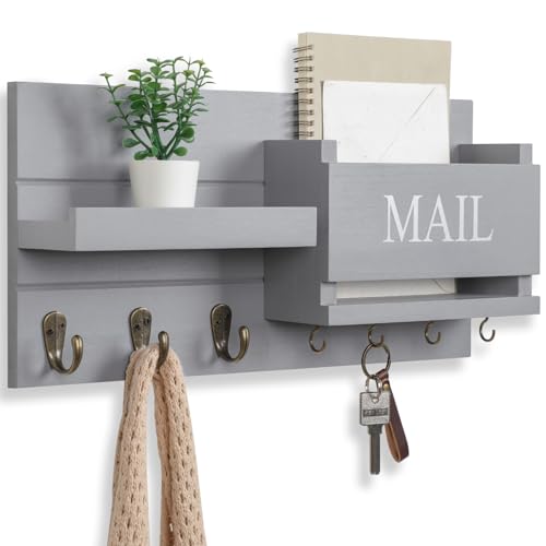 Lwenki Mail Organizer for Wall Mount – Key Holder with Shelf Includes Letter Holder and Hooks for Hallway Farmhouse Decor – Rustic Wood with Flush Mounting Hardware (16.5” x 9.1” x 3.4”) (Gray) - color: Gray
