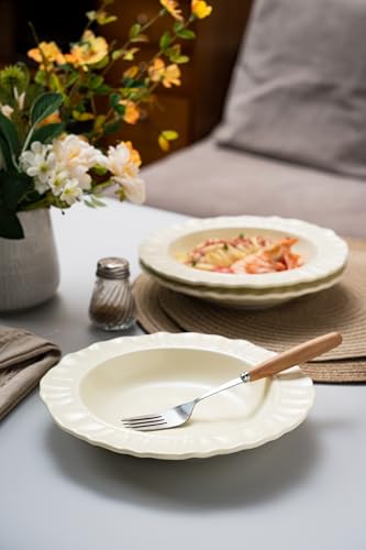 8.6" Ceramic Wide Rim Soup Bowls Set of 4, Cream Color Embossed | Italian-Inspired Floral Embossed Design with Matte Finish, Microwave & Dishwasher Safe, Ideal for Pasta, Salad, Soup and More