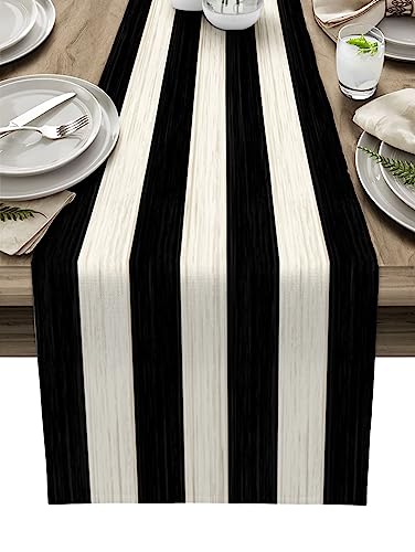 Vandarllin Table Runners Small 13X36 Inches Black and White Striped,Cotton Linen Farmhouse Retro Rustic Barn Wood Texture Tablecloths Non-Slip Party Table Decorations for Kitchen,Home,Dining,Outdoor, - color: Black and White Striped, size: Small 13x36