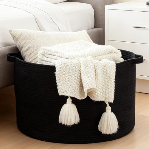 Extra Large Nursery Storage Basket, 22 x 22 x 14 inches - 100% Cotton Rope Baskets with Handles, Blanket Basket for Toys, Blankets & Pillows - Inner Black - color: Pure Black