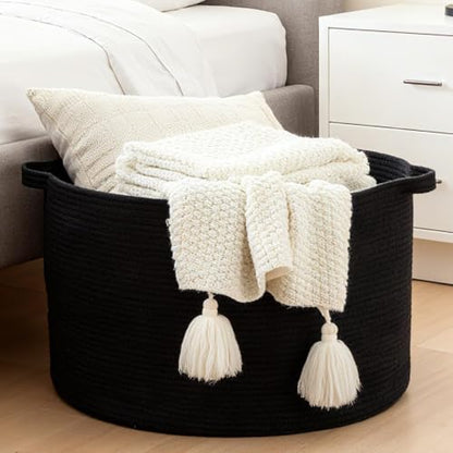 Extra Large Nursery Storage Basket, 22 x 22 x 14 inches - 100% Cotton Rope Baskets with Handles, Blanket Basket for Toys, Blankets & Pillows - Inner Black - color: Pure Black