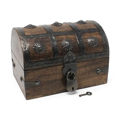 Keepsake Wooden Treasure Chest with Antique Jewelry Lock and Key - Velvet Lined Interior (Medium 6.5 x 4.5 x 4.5) – Decorative Box, Pirate Wooden Chest, Wood Box with Lid - size: Medium 6.5 x 4.5 x 4.5"
