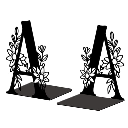 5.3"x4.3"x7.1" Metal Bookends, Heavy Duty Book Ends for Shelves | Letter A with Flower Theme Cast Iron Book Supports, 1 Pair Decor Stoppers for Desk, Library, Office & Home Shelves - style: Letter A with Flower