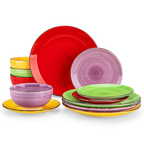 vancasso Bonita Dinnerware Set Multicolor Stoneware 12 Pieces Service for 4 | Handpainted Spirals Pattern Stoneware Plates and Bowls Set, Modern Ceramic Plate Set-Microwave and Dishwasher Safe - color: Bonita Multicolor, size: Service for 4 (12 pcs)