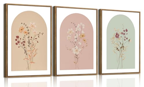 KISSFOX 3 Piece Framed Wall Art Botanical Wall Decor Floral Pictures Wildflower Canvas Art Pink Green Yellow Paintings Minimalist Boho Artwork For Girly Room Bedroom Apartment Living Room - color: Healing Flower, size: 16x24 In Natural Framed
