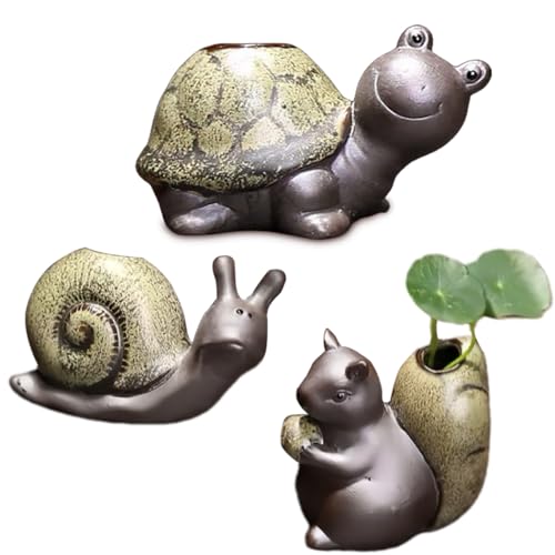 Cute Ceramic Garden Figurines Statue Set of 3 Turtle,Snail, Squirrel, Sculptures Ornaments for Home Office Desk Table Bookshelf Decor and Gifts