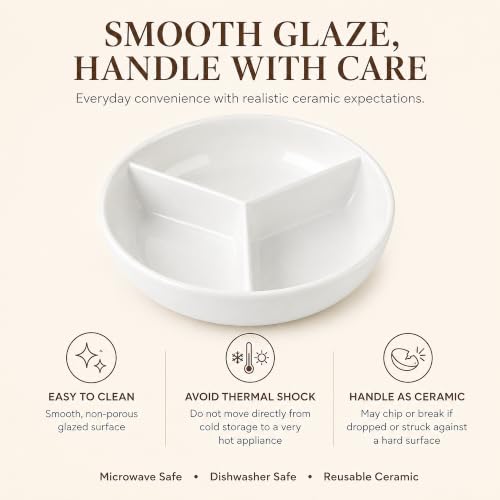 Portion Control Plate, 1 Count, 7-Inch Ceramic, White | 1 Plate with 3 Compartments for Small Meals, Microwave & Dishwasher Safe