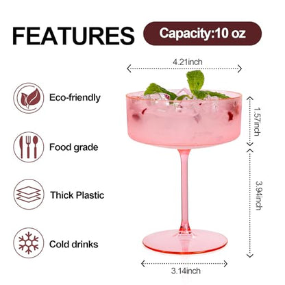 Ciaell 12 Pack 10 oz Pink Plastic Martini Glasses for Bar | Heavy Duty Plastic, Stemmed Coupe Shape, Cocktail Margarita Whiskey and Wine Service, Weddings and Parties - color: Basic Pink