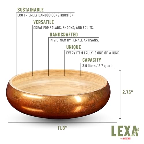 LEXA 12" Handmade Copper Bamboo Wooden Fruit Bowl for Kitchen Counter - 130 oz Lightweight Large Bamboo Wood Salad Bowl - color: Copper Gold