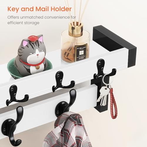 Coat Rack Wall Mount, 29" Floating Shelf with Key and Mail Holder | Wooden Entryway Hanging Shelf with Hooks and Storage for Hat Towel Jacket Purse Backpack Dog Leash, White