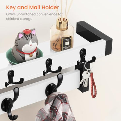 Coat Rack Wall Mount, 29" Floating Shelf with Key and Mail Holder | Wooden Entryway Hanging Shelf with Hooks and Storage for Hat Towel Jacket Purse Backpack Dog Leash, White