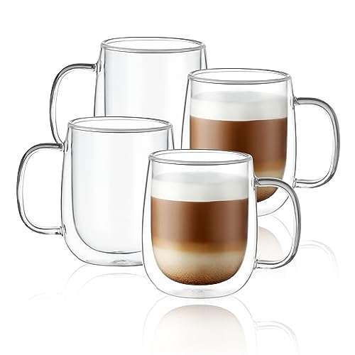 CNGLASS Glass Coffee Mugs 12oz,Double Wall Insulated Mug Set with Handle,Clear Glass Espresso Mugs for Latte,Cappuccino,Tea Bag,Hot and Cold Beverages,Set of 4 - color: 12oz(4-pack)