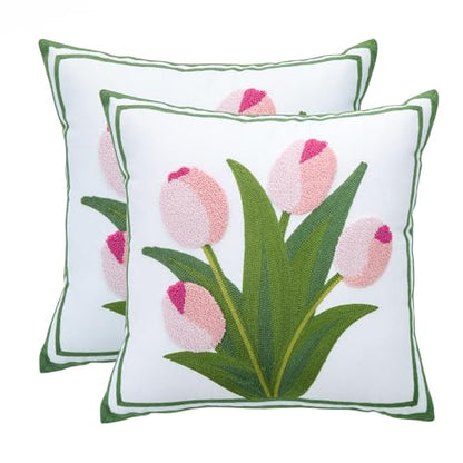 LUOYEHK Embroidered Throw Pillow Covers 18x18 Inch Set of 2 Pink Tulip Flower Spring Pillowcases Farmhouse Floral Square Cushion Covers for Couch Sofa Bed Living Room - color: Pink Tulip