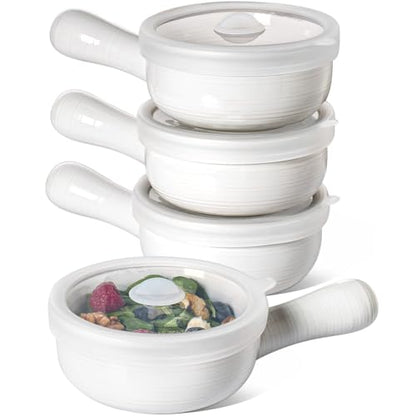 LE TAUCI Soup Bowls with Handles and Silicone Lids, 15 Oz French Onion Soup Bowls, Non-Toxic Ceramic Soup Crocks for Noodles, Stew, Cereal and Chilli, Oven Microwave Dishwasher Safe, Set of 4, White - color: White