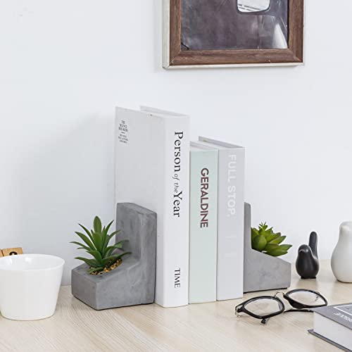 MyGift Concrete L-Shaped Bookends with Artificial Succulent Plants, 1 Pair | Weighted concrete construction helps keep books upright while faux greenery adds a natural decorative accent to shelves - color: Artificial Succulent