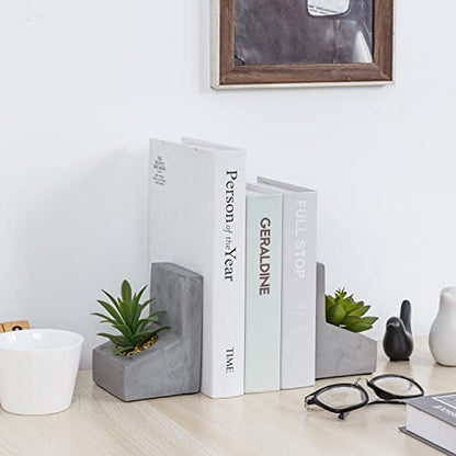 MyGift Concrete L-Shaped Bookends with Artificial Succulent Plants, 1 Pair | Weighted concrete construction helps keep books upright while faux greenery adds a natural decorative accent to shelves - color: Artificial Succulent