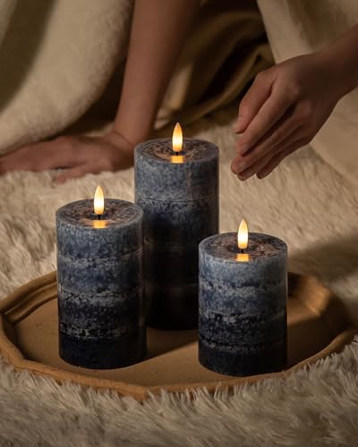 Stmarry Gradient Navy Blue Flameless Candles with Remote and Timer, Real Wax Made LED Pillar Candles Battery Operated with 3D Flickering Flame, 3" x 4",5",6", Navy Blue Decor, Set of 3 - color: Gradient Navy Blue