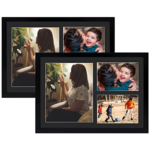 Golden State Art 12x17 Black Wood Picture Frame for 8x10 and 5x7 Photos | 3 Opening Picture Frame,Black Mat included,Real Glass, Sawtooth Hanger - Wall Mounting - Great for Posters, Weddings(2 Pack) - color: Black&Black Mat-2P, size: 1 8x10 And 2 5x7