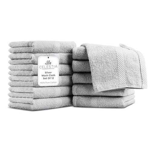 Villa Celestia Cotton Washcloths Set of 12, 12x12 Inch, 100% Ring-Spun Combed Cotton, Soft Absorbent Quick-Dry Wash Cloths for Face and Body, Oeko-TEX Certified, Hotel & Spa Quality, Silver Grey - color: Silver Grey, size: Washcloth - Pack of 12