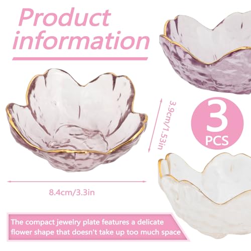 Huakaile 3 Pieces Flower Shape Glass Jewelry Plate Dish, Trinket Bowl for Rings Earrings, Decorative Small Jewelry Tray Dish Present for Wife Women Daughter (Pink Purple Transparent)