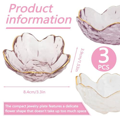 Huakaile 3 Pieces Flower Shape Glass Jewelry Plate Dish, Trinket Bowl for Rings Earrings, Decorative Small Jewelry Tray Dish Present for Wife Women Daughter (Pink Purple Transparent)