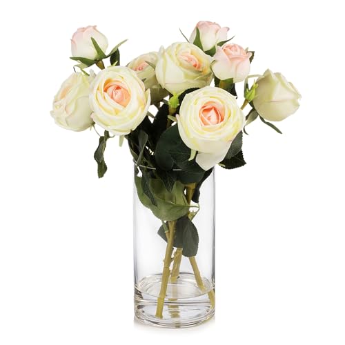 9 Heads Silk Rose Artificial Flowers in Vase,Faux Rose Flowers Arrangement in Vase with Faux Water for Table Decor Centerpieces (Champagne) - color: Champagne