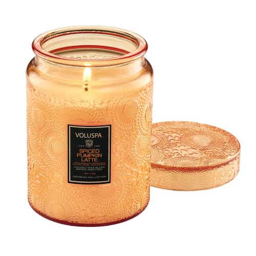 Voluspa Spiced Pumpkin Latte Large Scented Candle Jar 18 Oz, 100 Hr Burn | Coconut Wax Blend in Decorative Glass, Clean Even Burn, USA Handcrafted Gift for Hosts, Fragrance Lovers & Relaxed Rooms - color: 21 - Spiced Pumpkin Latte