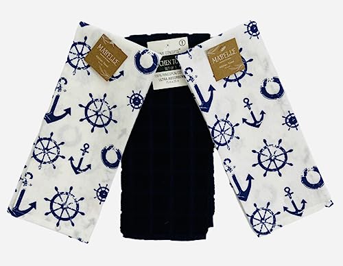 Summer Kitchen Pot Holder Oven Mitt Dish Towel Set: Fun Navy White Nautical Anchor Captains Wheel Design, 5 pc Set (Nautical) - color: Anchor Set