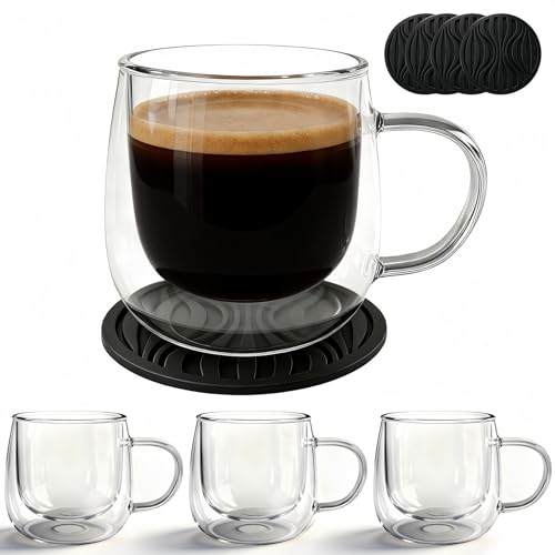 Glass Coffee Mugs Set Of 4, 10oz Double Walled Insulated Glass Mugs with Handle and Coaster, Heat Resistant Borosilicate Clear Glass Cups for Espresso Latte Cappuccino, Tea Bag, Beverage - size: 4 Pack+4 Coasters