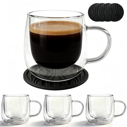 Glass Coffee Mugs Set Of 4, 10oz Double Walled Insulated Glass Mugs with Handle and Coaster, Heat Resistant Borosilicate Clear Glass Cups for Espresso Latte Cappuccino, Tea Bag, Beverage - size: 4 Pack+4 Coasters