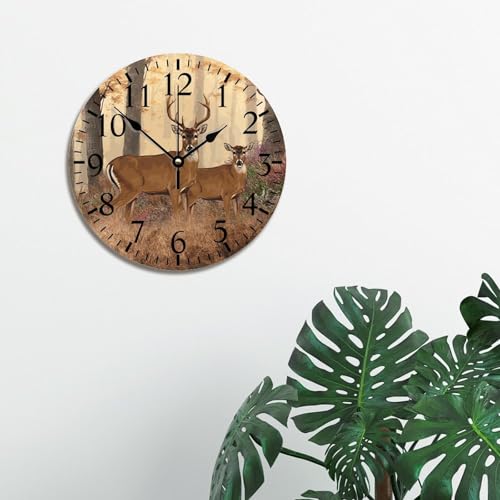 Deer Buck Large Wooden Wall Clocks Battery Operated 12 Inch Autumn Hunting Clock Rustic Wall Art Farmhouse Home Decor for Bedroom Living Room Kitchen School Office