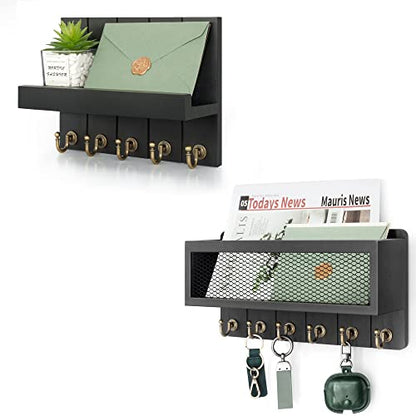 Rebee Vision Key Holder for Wall Set : 10'' Key Rack with 5 Metal Hooks and 13'' Mail Organizer Basket with 6 Key Hooks, Wooden Key Hanger with Mounting Hardware for Bags, Coats, Letters - Black