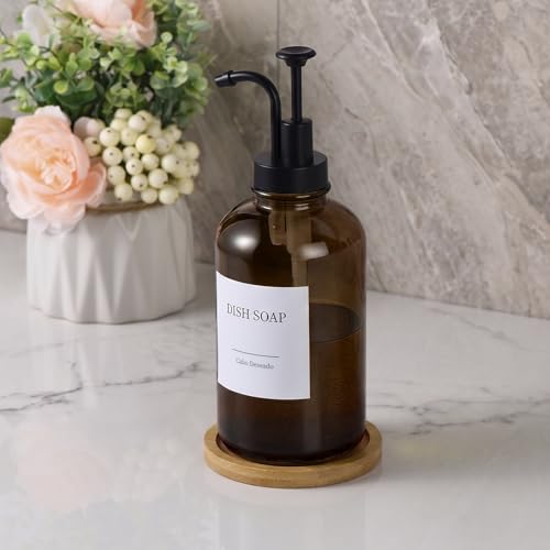 Glass Soap Dispenser with Upgrade Pump, Hand and Dish Soap Dispenser for Bathroom Kitchen, Soap Dispenser Set with 9 Stickers Funnel Bamboo Tray 500ml 18oz Amber - color: Amber