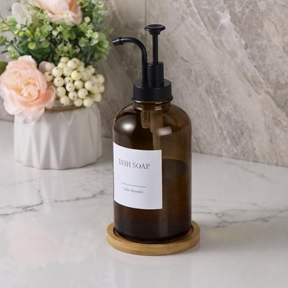 Glass Soap Dispenser with Upgrade Pump, Hand and Dish Soap Dispenser for Bathroom Kitchen, Soap Dispenser Set with 9 Stickers Funnel Bamboo Tray 500ml 18oz Amber - color: Amber