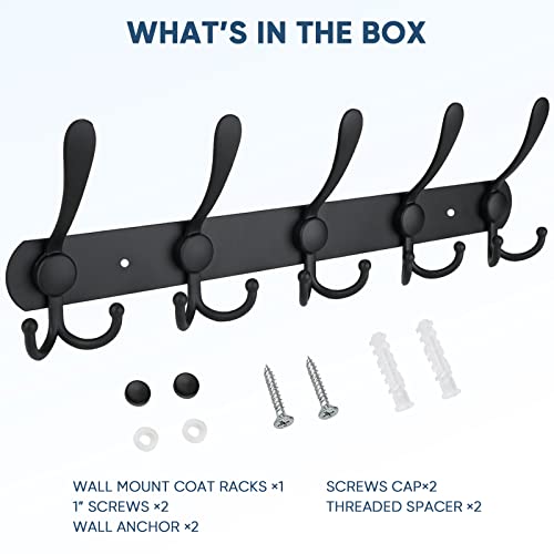 TICONN Wall Mounted Coat Rack, Five Heavy Duty Tri Hooks All Metal Construction for Jacket Coat Hat in Mudroom Entryway (Matte Black, 1-Pack) - color: Matte Black