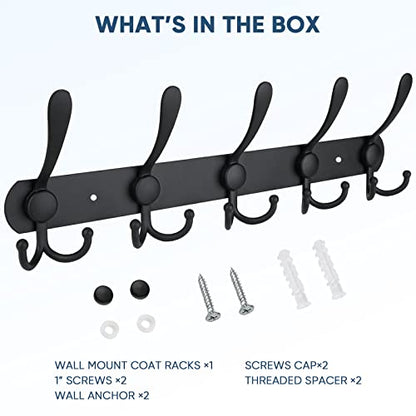 TICONN Wall Mounted Coat Rack, Five Heavy Duty Tri Hooks All Metal Construction for Jacket Coat Hat in Mudroom Entryway (Matte Black, 1-Pack) - color: Matte Black