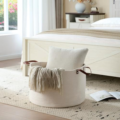 Extra Large Nursery Storage Basket, 22 x 22 x 14 inches - 100% Cotton Rope Baskets with Handles, Laundry Basket for Toys, Blankets & Pillows - Off White with Leather Handles - color: White