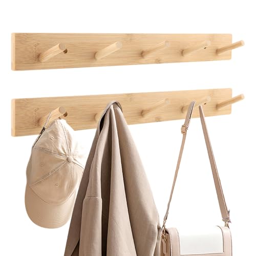 2-Pack 15" Heavy Duty Wooden Coat Rack, Wall Mount with 5 Hooks | Natural bamboo. 5 hooks for coats, hats, bags & towels. For entryway, bedroom & doors. Holds 20lb. Hardware included.
