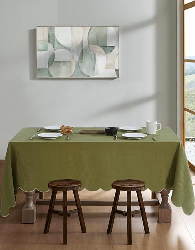 100% Pure Linen Scalloped Embroidery Rectangle Tablecloths 104Lx60W Inch for Dinners, Parties, Spring, Machine Washable, 8-10 Sets, 60''x104'', Olive Green(Edges-Gold) - color: Olive Green(edges-gold), size: 104" x 60" (Rectangular)