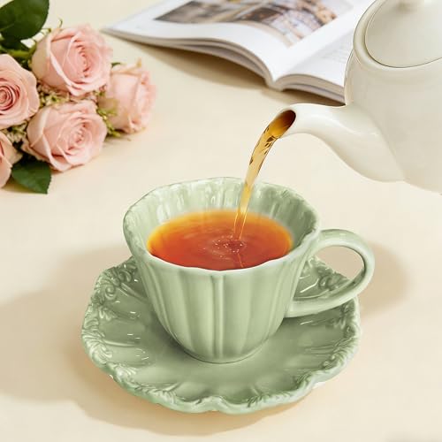 8oz Tea Cups and Saucers, Ceramic Latte Cup,Relief Cappuccino Cup and Saucer Set, Elegant Porcelain Tea Cups, Espresso Cup Set Dishwasher & Microwave Safe,Green - color: Green