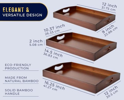 Comfify Dark Brown Bamboo Serving Trays Set of 3 – Nesting Ottoman Trays | Dark-stained bamboo with walnut tones; cutout handles; for coffee table, bar and bedroom dresser; S: 12", M: 14.5", L: 16.25" - color: Dark Brown