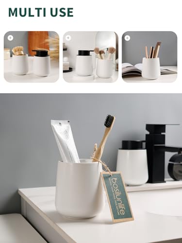 Bosilunlife Soap and Toothbrush Holder Set - Ceramic Bathroom Accessories Set White Foaming Hand Soap Dispenser Set Bathroom Counter Toothbrush Holder and Soap Dispenser Set - color: White-rounded Base Foam