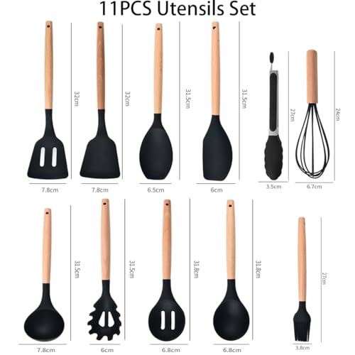 19 Pieces Kitchen Utensils and Knife Set with Block, Inldued 9 Pieces Silicone Cooking Utensils Set 5 Pieces Sharp Stainless Steel Chef Knives Scissors Whisk Tongs and Cutting Board (Black) - color: Black