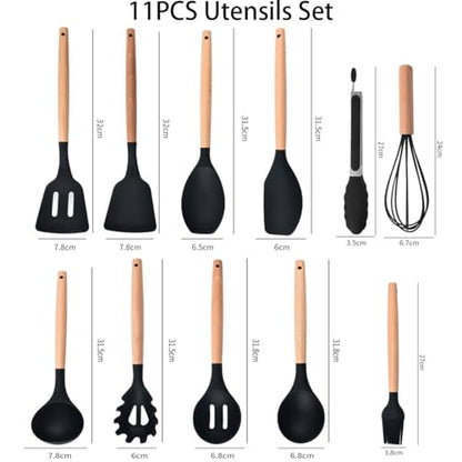 19 Pieces Kitchen Utensils and Knife Set with Block, Inldued 9 Pieces Silicone Cooking Utensils Set 5 Pieces Sharp Stainless Steel Chef Knives Scissors Whisk Tongs and Cutting Board (Black) - color: Black