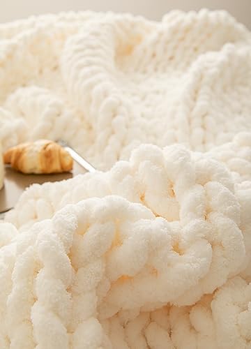 Chunky Knit Blanket Soft Chenille Yarn Knitted Throw Blanket 50"X60" Handmade Cable Warm Thick Giant Blanket for Couch Bed Trips (White, Throw 50"X60")?-¡­ - color: Cream White, size: Throw 50"X60"